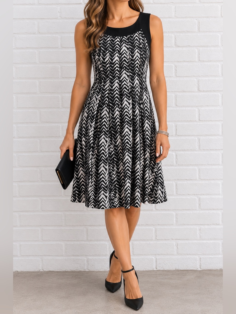 Y2K Perceptions Black White Chevron Fit & Flare Stretch Dress M